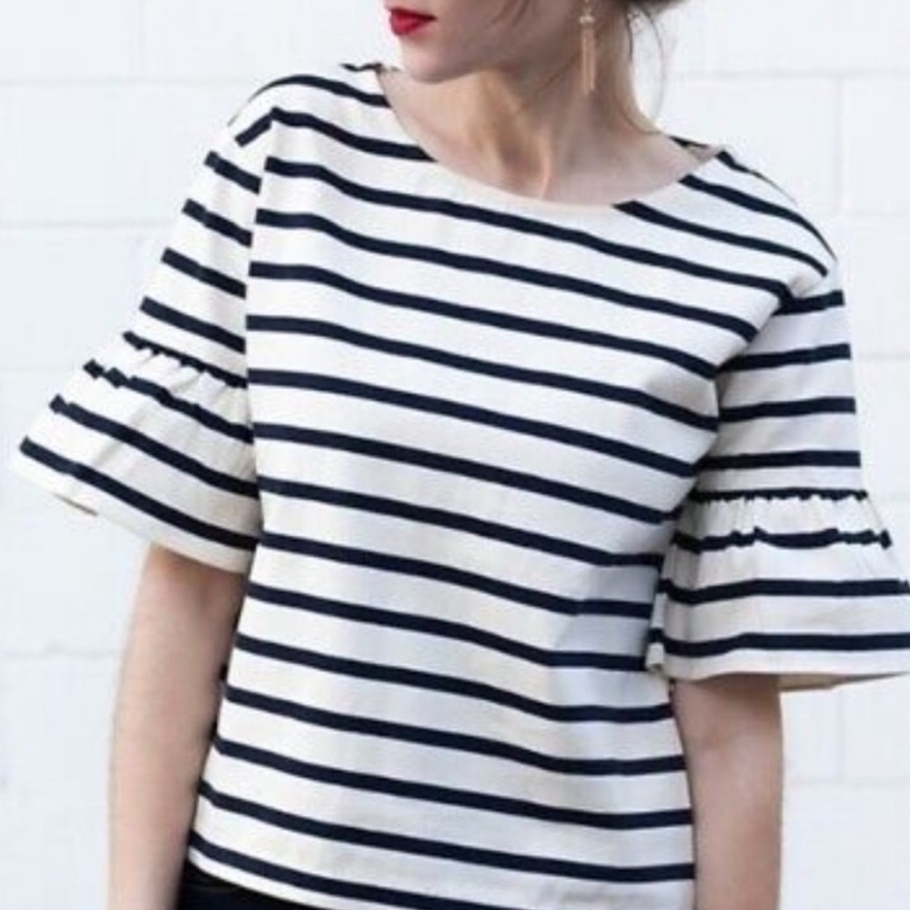 J. Crew Ruffle Sleeves Top Black Cream Stripes Short Sleeves Cotton Large French - Picture 2 of 10